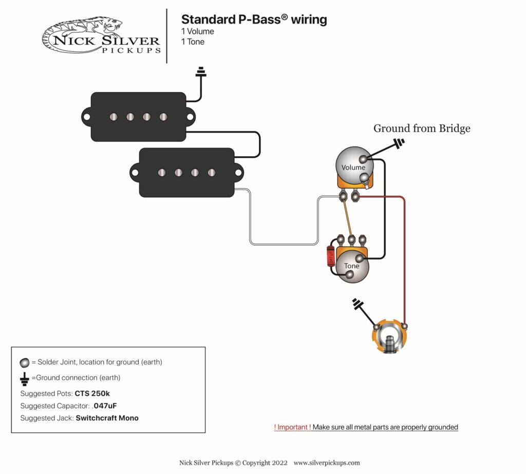 P/J Bass wiring 2V 1T | Nick Silver Pickups