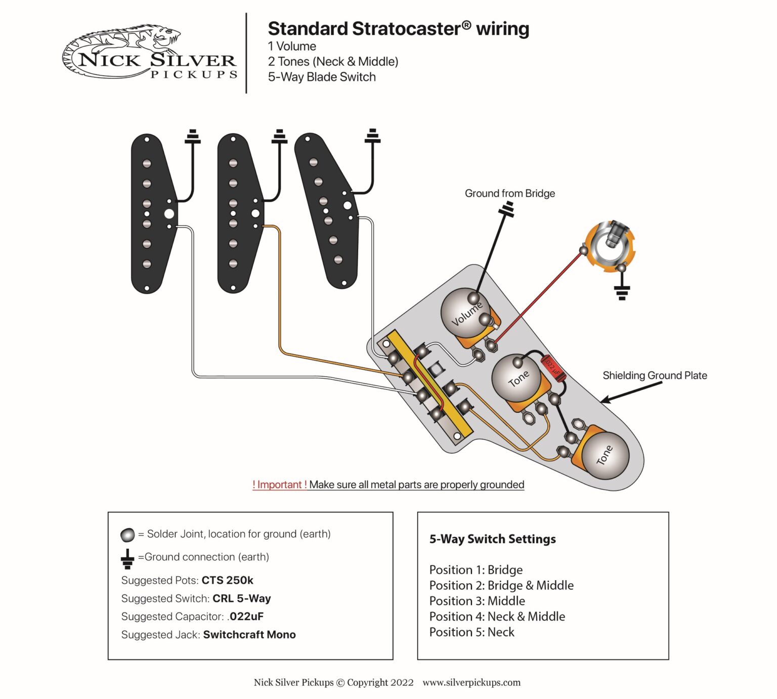 HSS Strat 1V 1T 5-WAY | Nick Silver Pickups