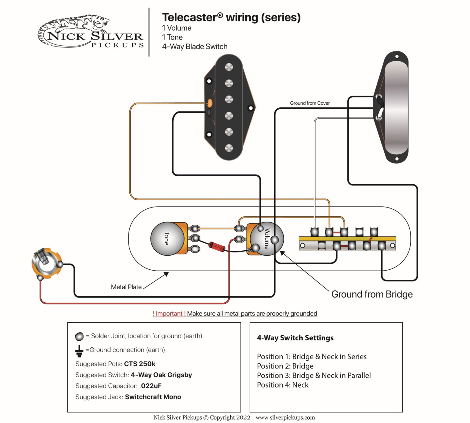 Tele 1V 1T 3-Way Bridge Tone | Nick Silver Pickups