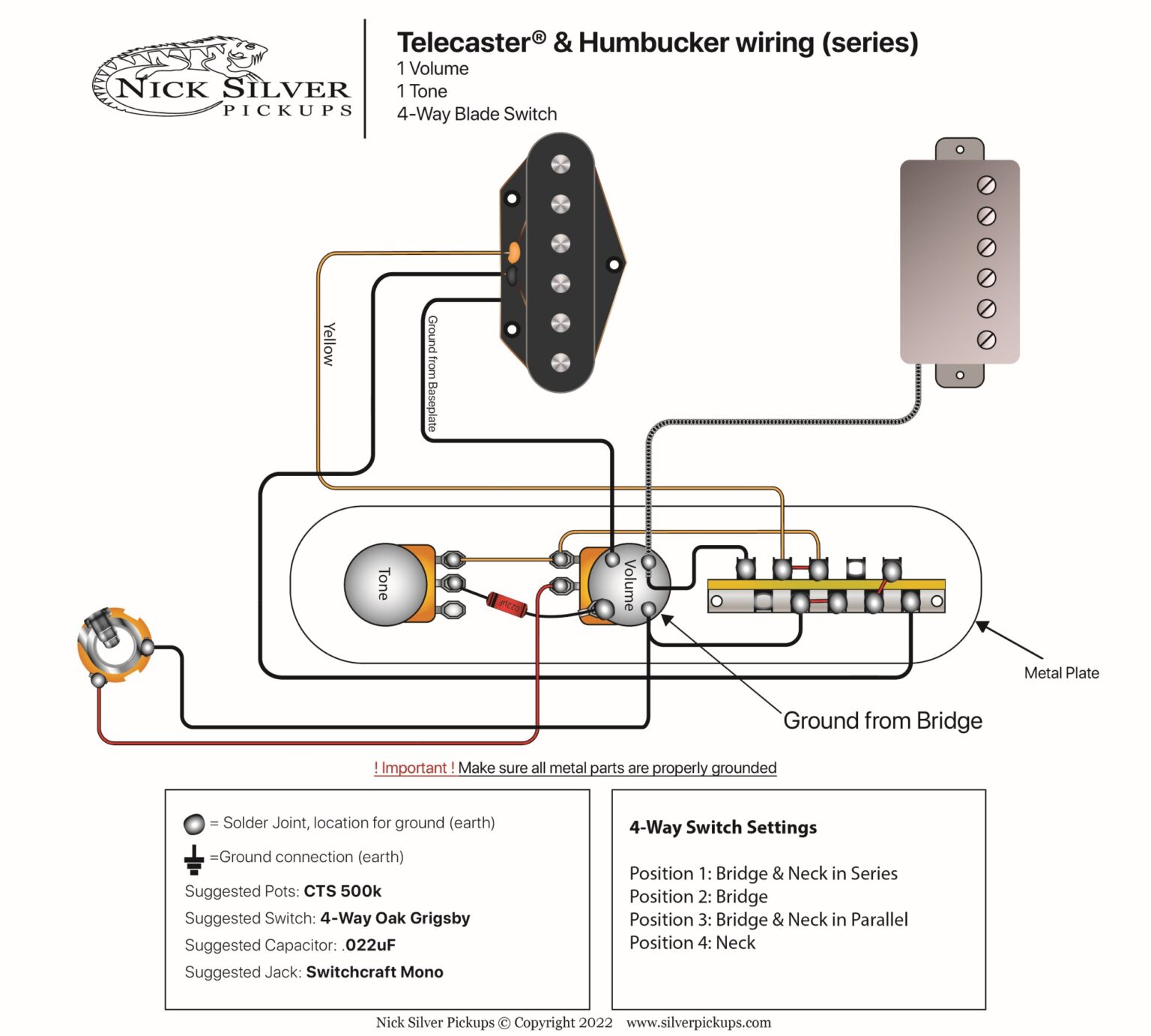 Tele Humbucker 1V 1T 4Way Series Nick Silver Pickups