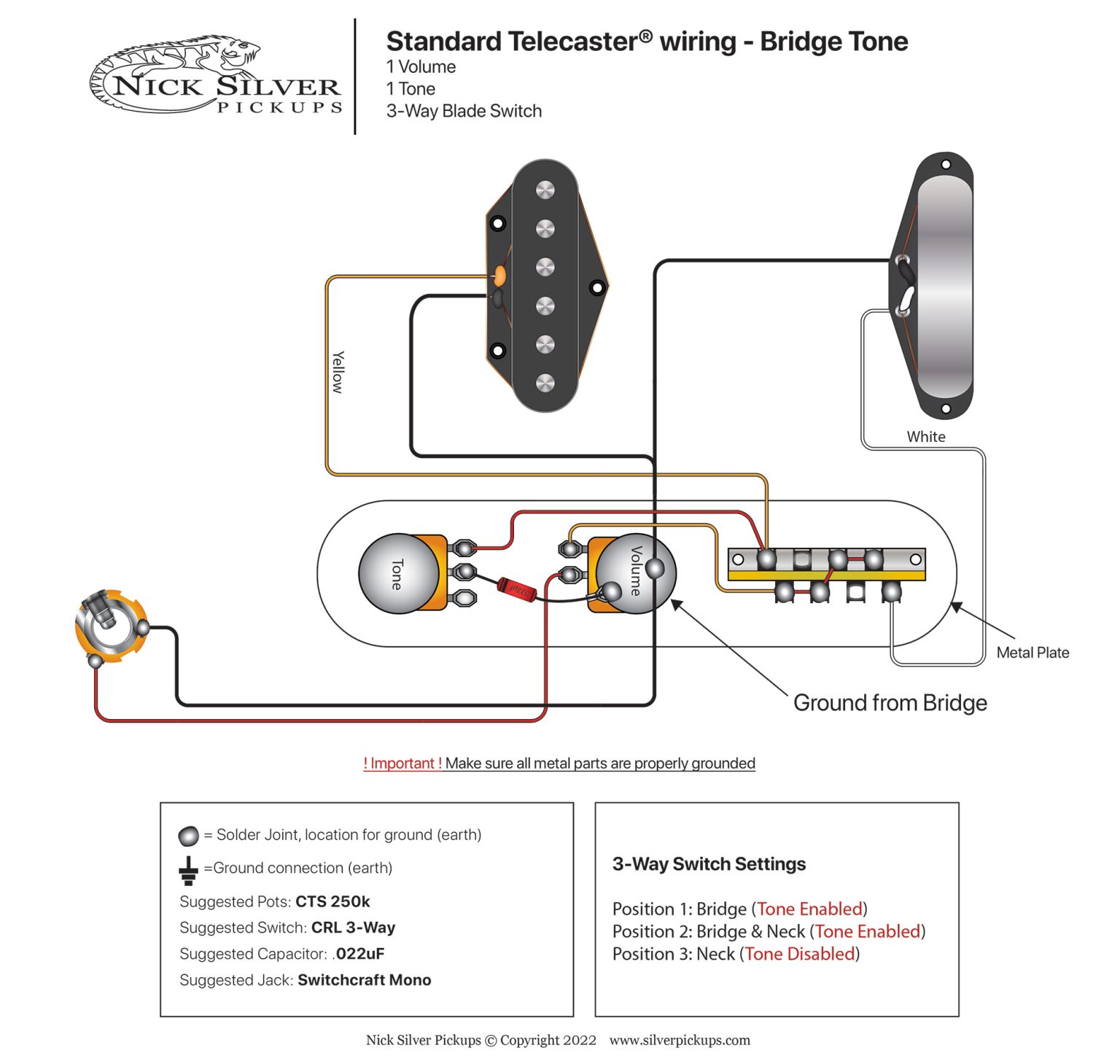 Tele 1V 1T 3-Way Bridge Tone | Nick Silver Pickups