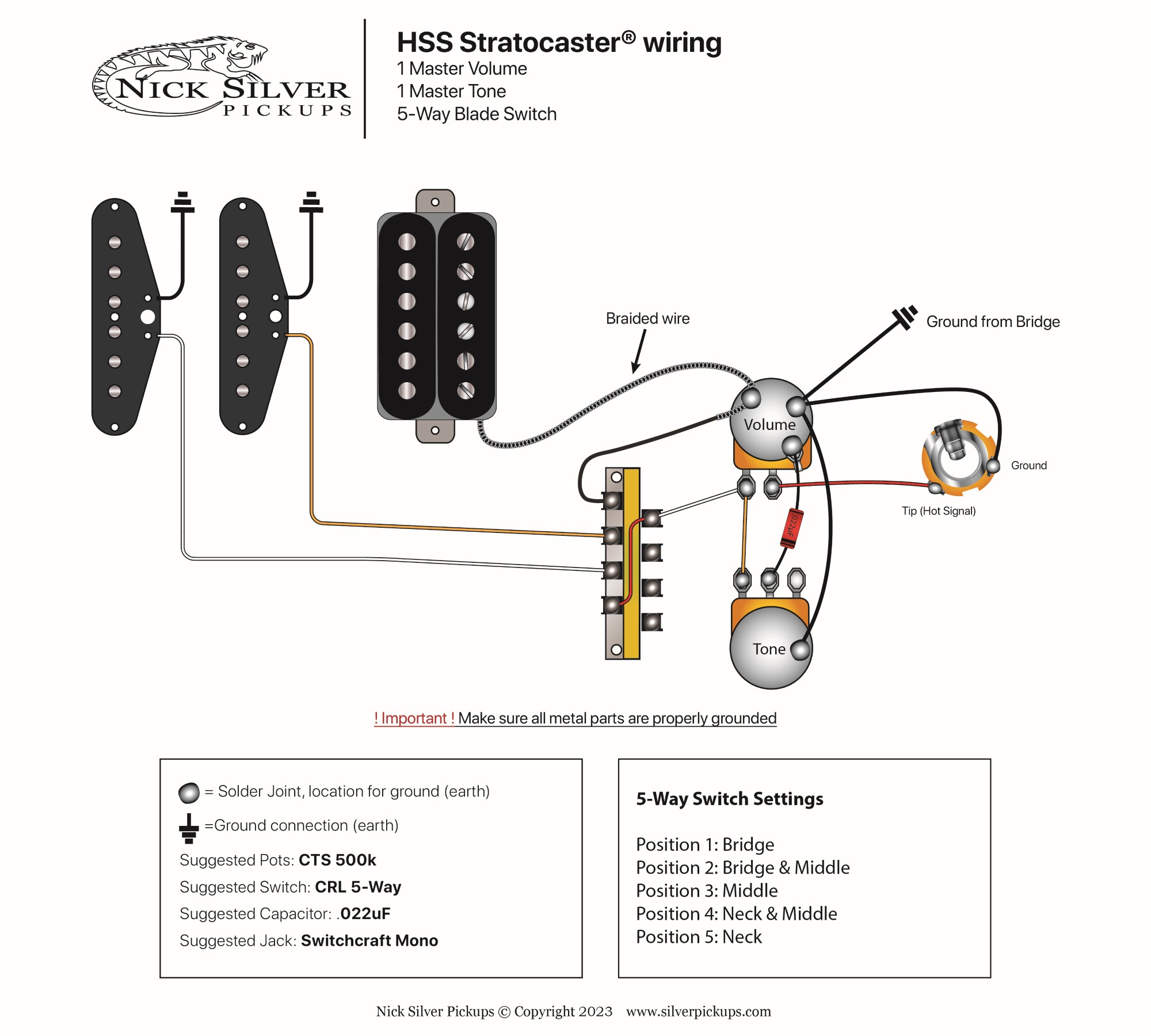 Strat 1V-2T-5-way-PP-7 Sounds-Bridge Tone | Nick Silver Pickups